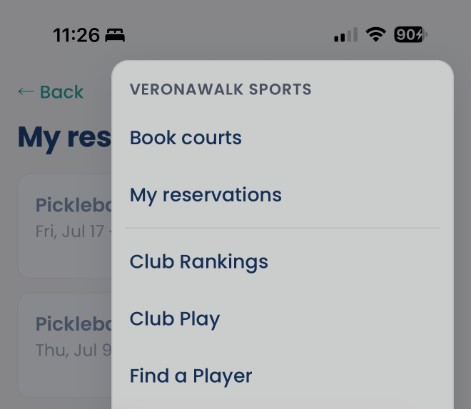 App menu with Book Courts, My Reservations, Club Rankings, Club Play