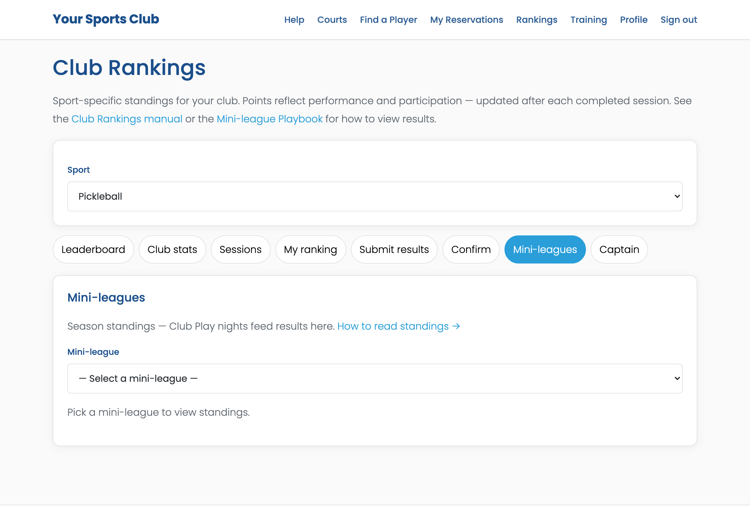 Club Rankings Mini-leagues tab with league dropdown