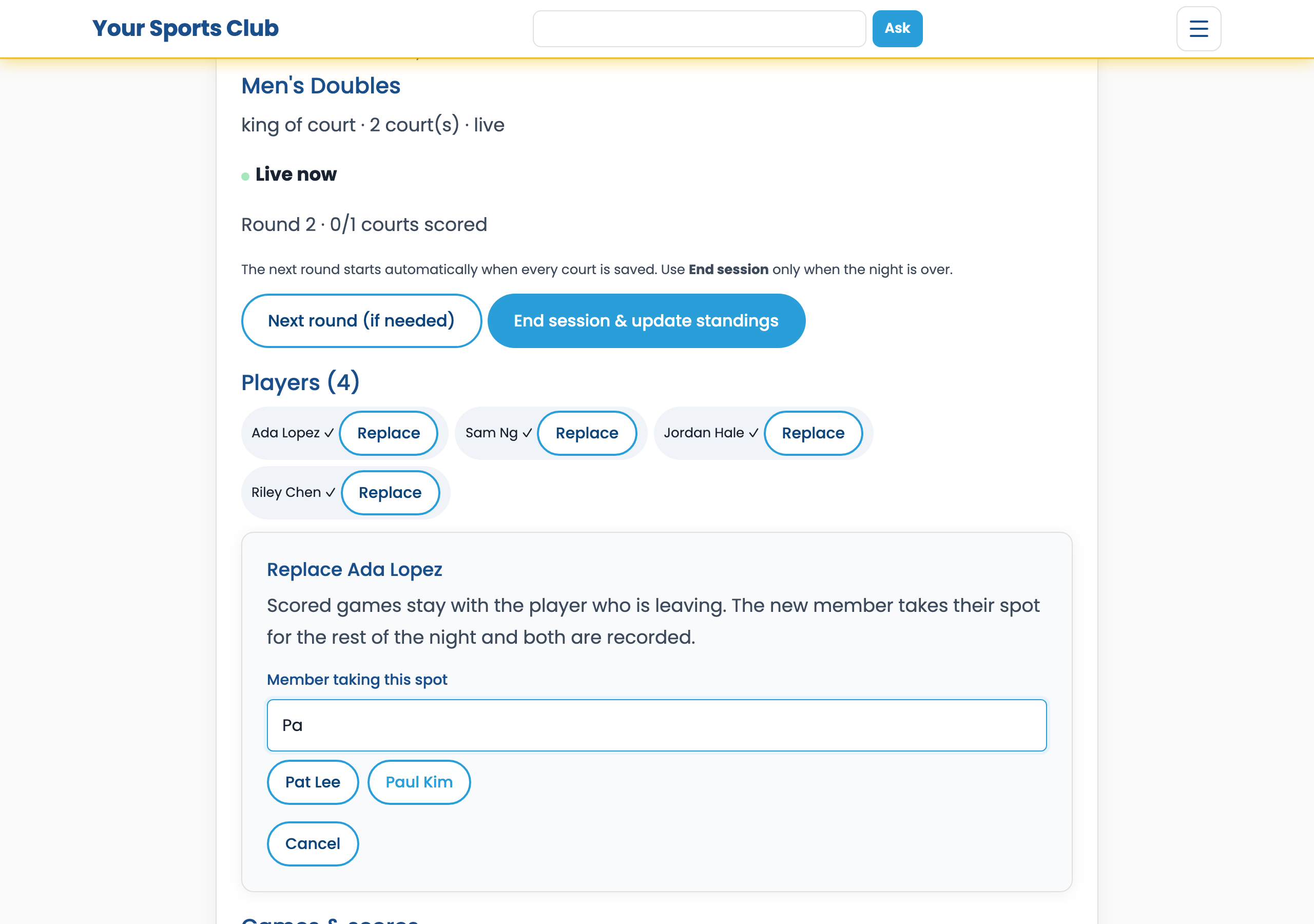 Live Club Play with Replace open and a roster search for the member taking the spot