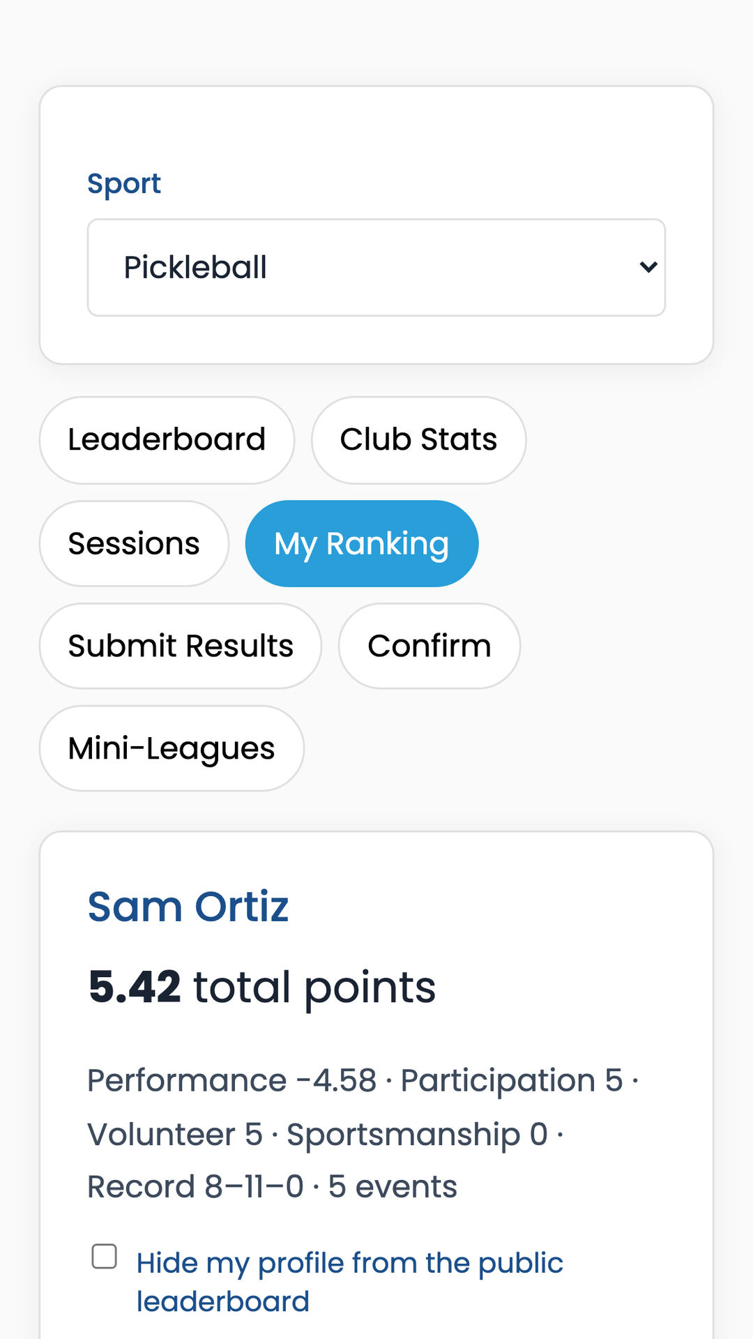 Club Rankings phone screen showing a player's points and record